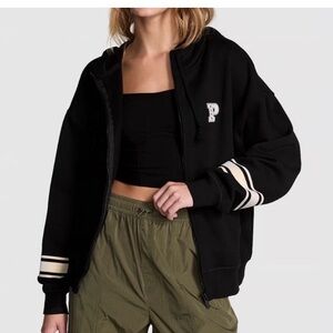 PINK Victoria's Secret Black Zip-Up Varsity Jacket with Cream Stripes